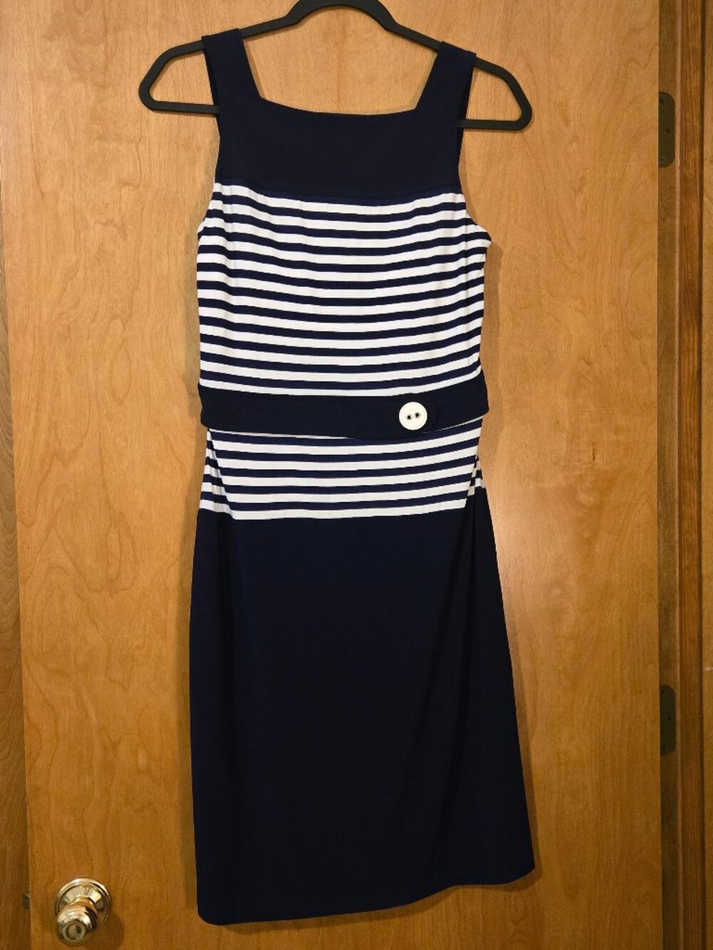 Joseph Ribkoff Navy White Striped Sleeveless Dress Size 6 High Waist Nautical